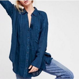 Free People Cozy Nights Top Striped Button Up Flowy Tunic Teal